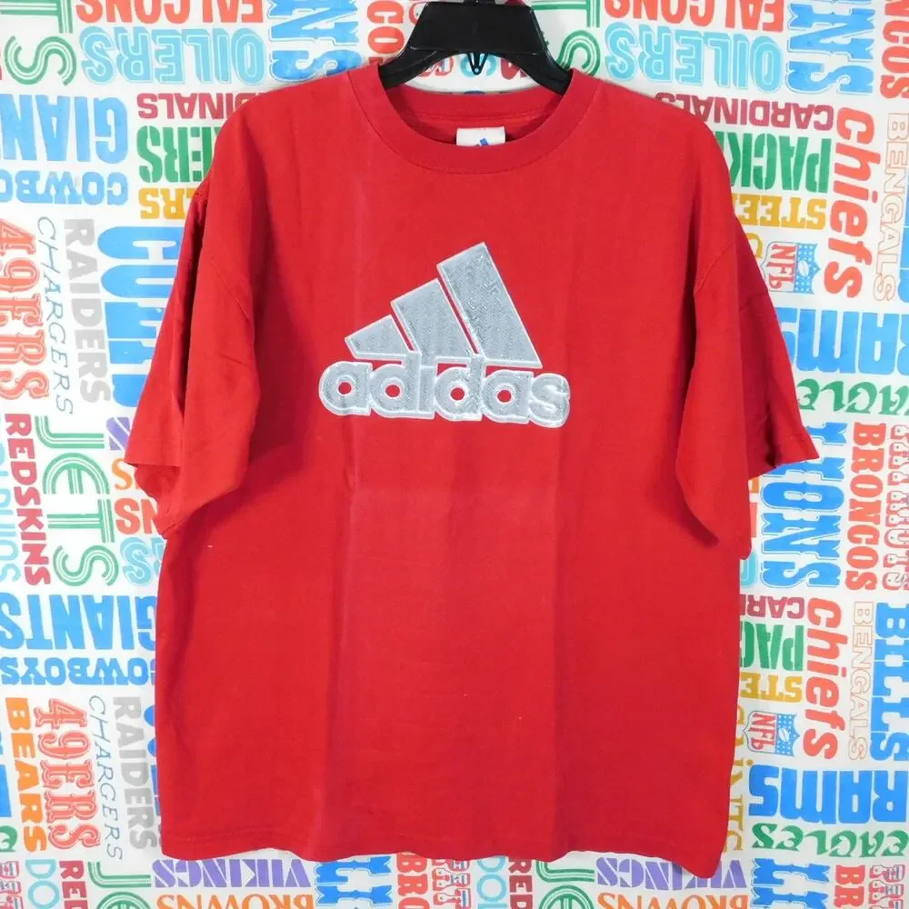 Vintage Adidas Mountain Logo T Shirt Size L Heavy Rubber Print Red Gray